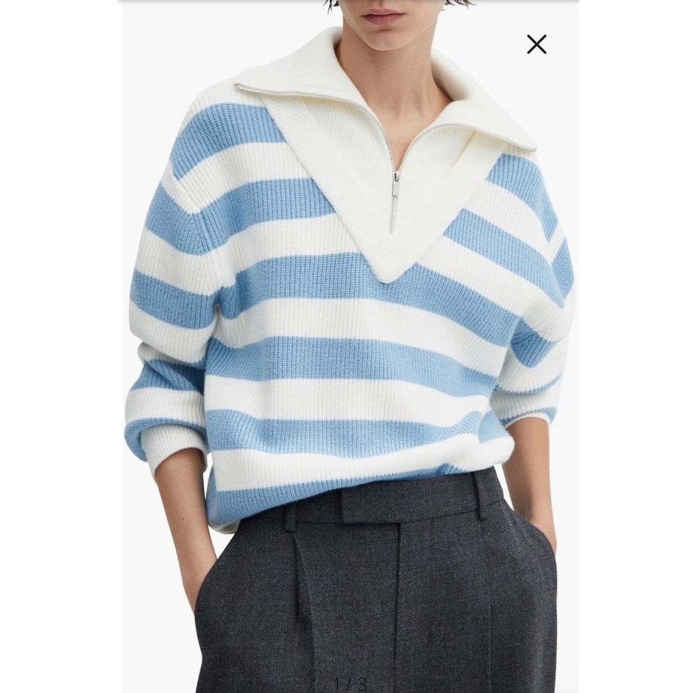 MNG Striped Quarter Zip Pullover Sweater Women's Size M Blue White